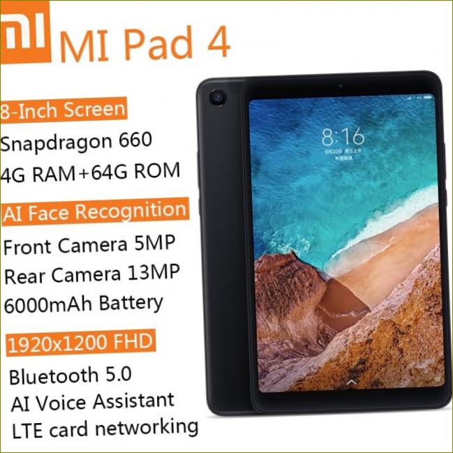 Xiaomi MI Pad 4 Tablet, 8.0 tuumaa, Android, Wi Fi, LTE, 4GB 64GB, HD-näyttö, 6000mAh, MIUI 9.0, Snapdragon 660 Core 8, Tablet PC|Planets||| Aliexpress